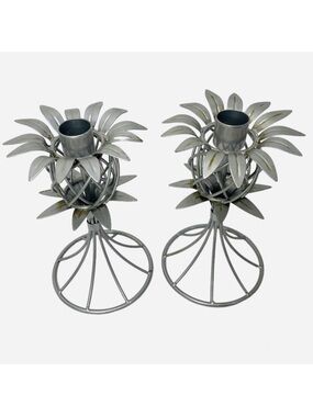 Pineapple Shape Pewter Candle Sticks Holders Tropical Hawaiian Coastal Set of 2